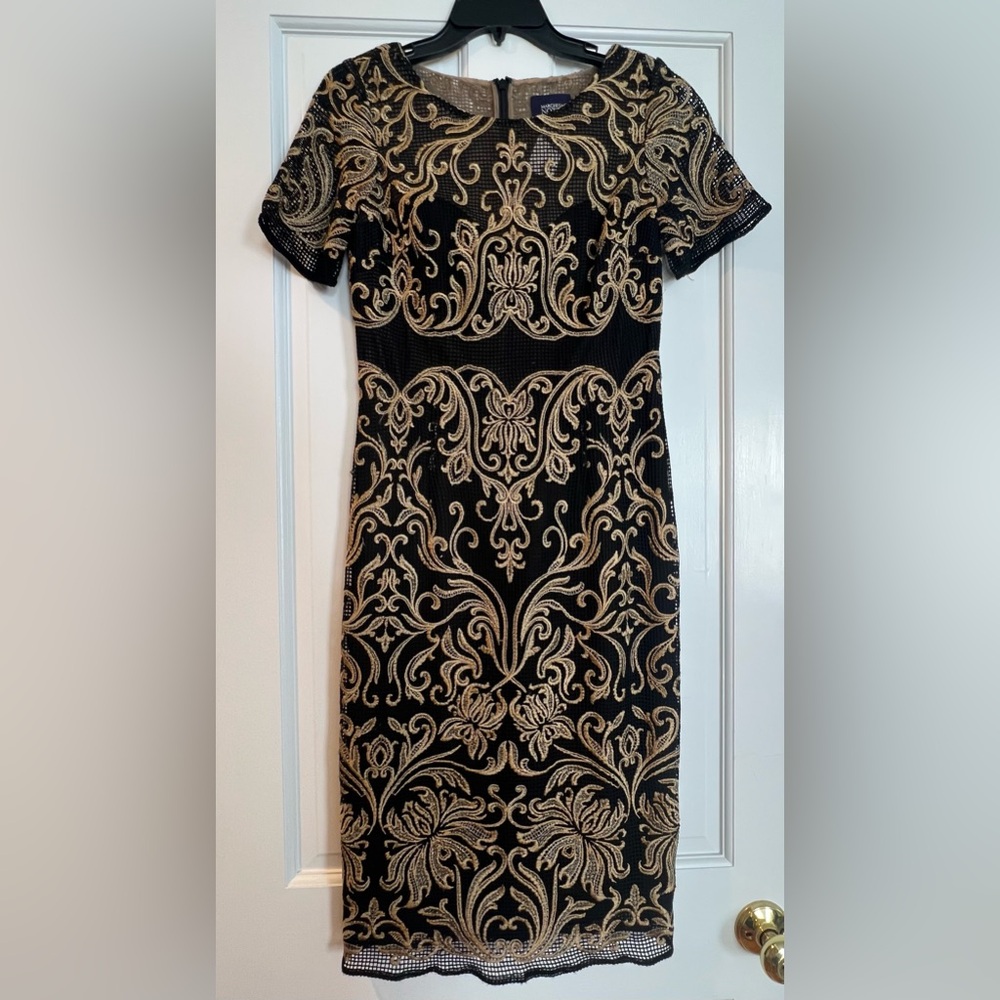 Marchesa Notte Elegant Black and Gold Embroidered Dress
